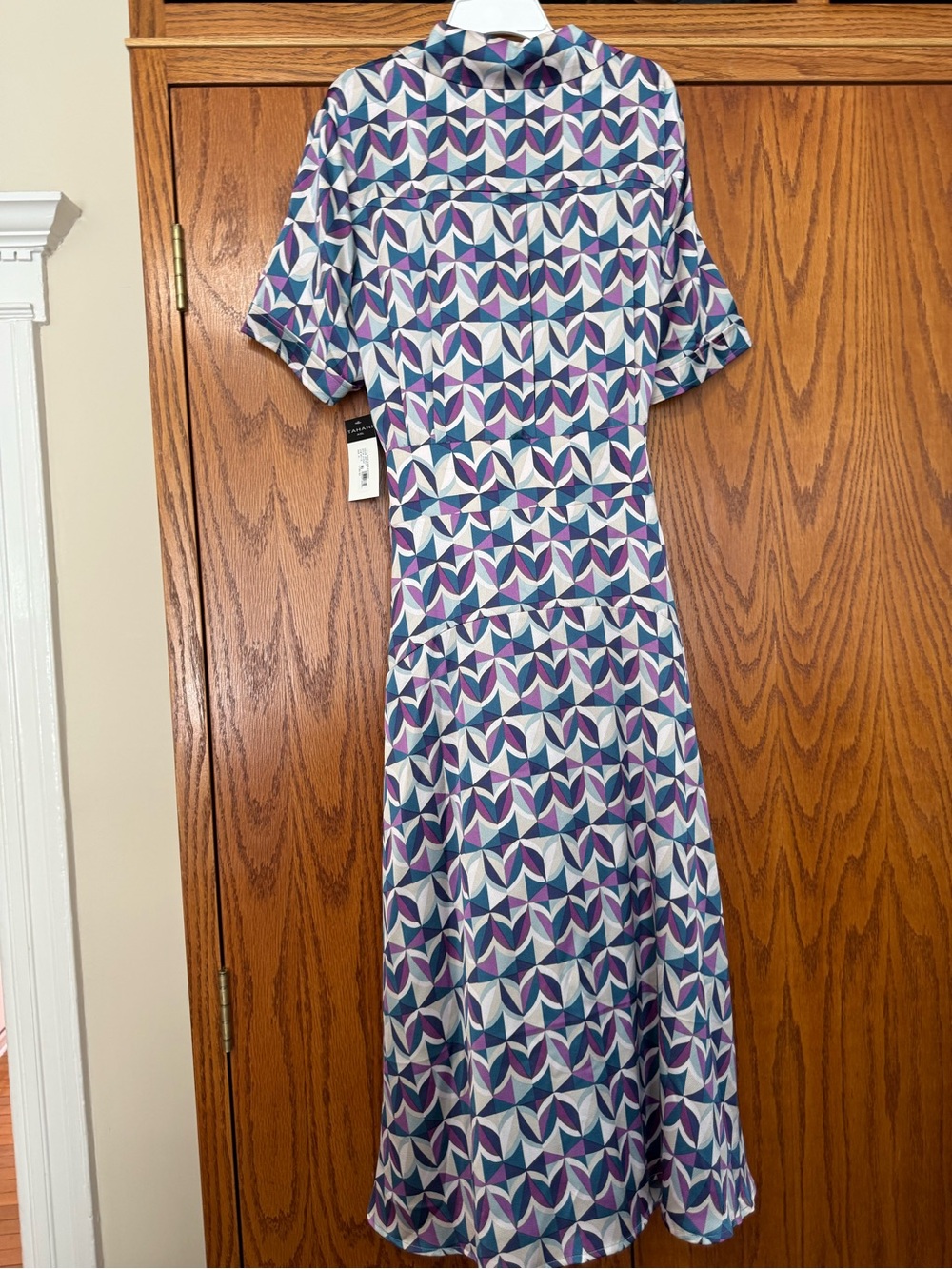 Tahari ASL Geometric Print Wrap Maxi Dress in Purple, Blue & White - Picture 8 of 8